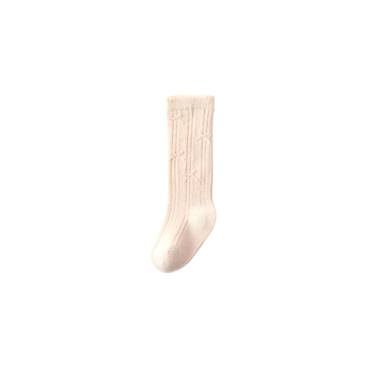 Pink knee-high knit socks with lace trim and satin ribbon bow for babies