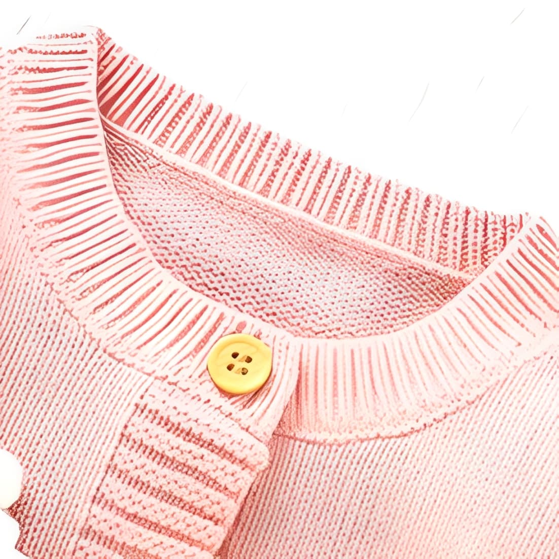 Close-up of wooden button neckline detail on pink knitted baby romper