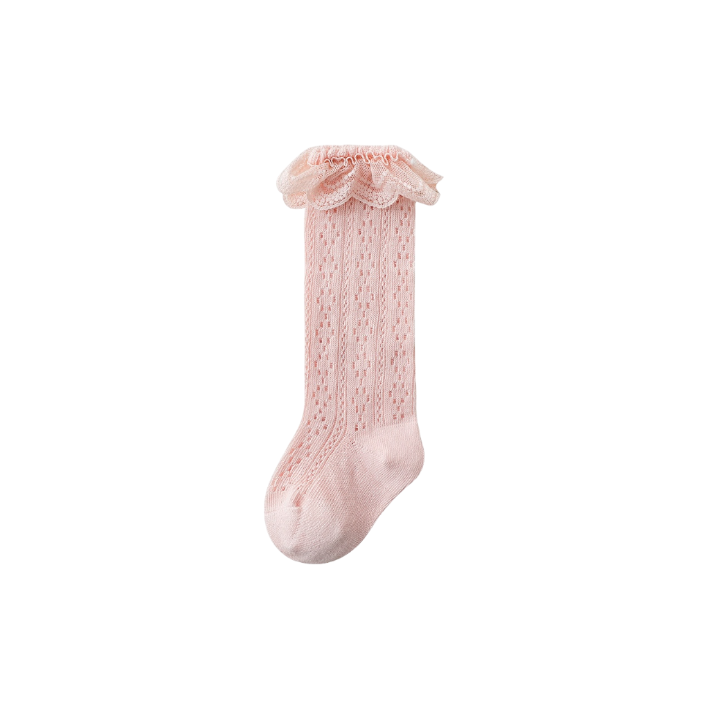 Pink lace knit baby socks made of soft breathable cotton with cute ruffle trim – perfect for toddler girls.