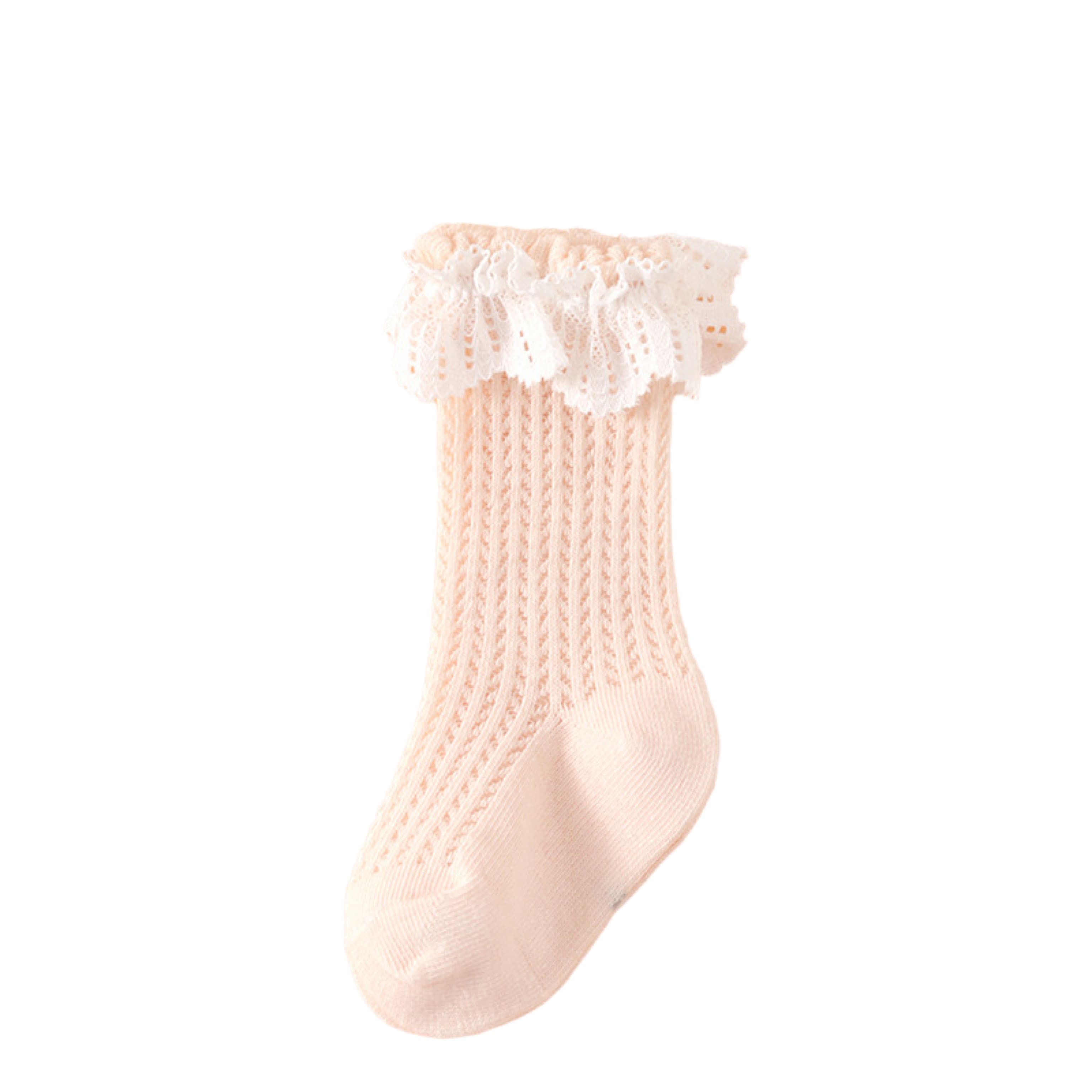 Soft pink lace mesh baby socks, cute and comfortable for baby girls.