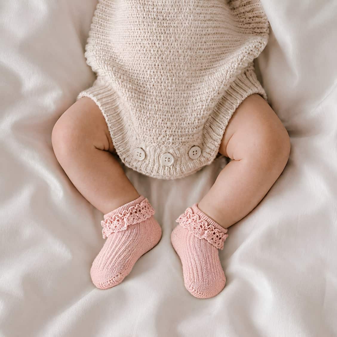 Baby wearing pink lace trim anti-slip cotton socks with soft breathable comfort for newborns and toddlers