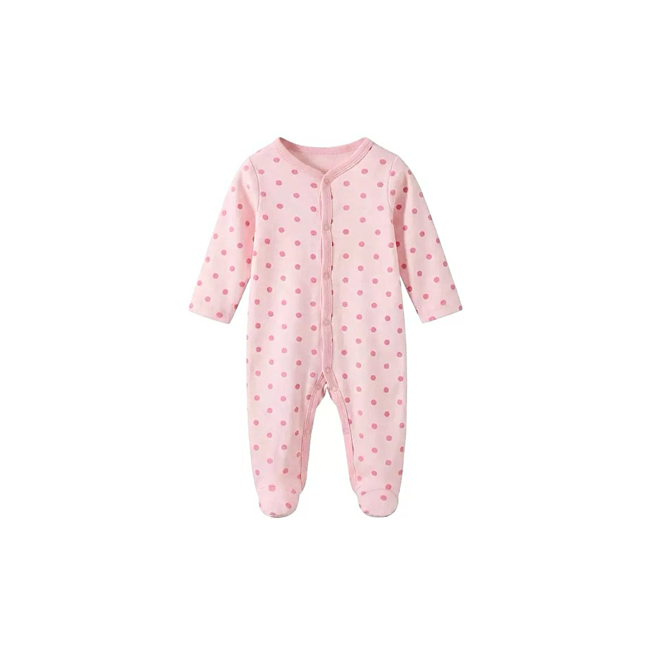 Pink polka dot baby sleepsuit with front button closure in soft cotton fabric for comfortable everyday wear

