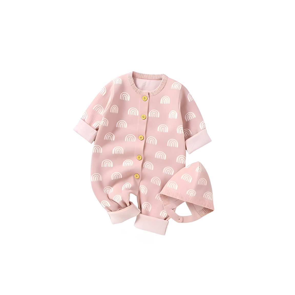 Pink rainbow knit baby romper with matching hat, soft breathable material, adorable baby outfit for 1–3 years old.
