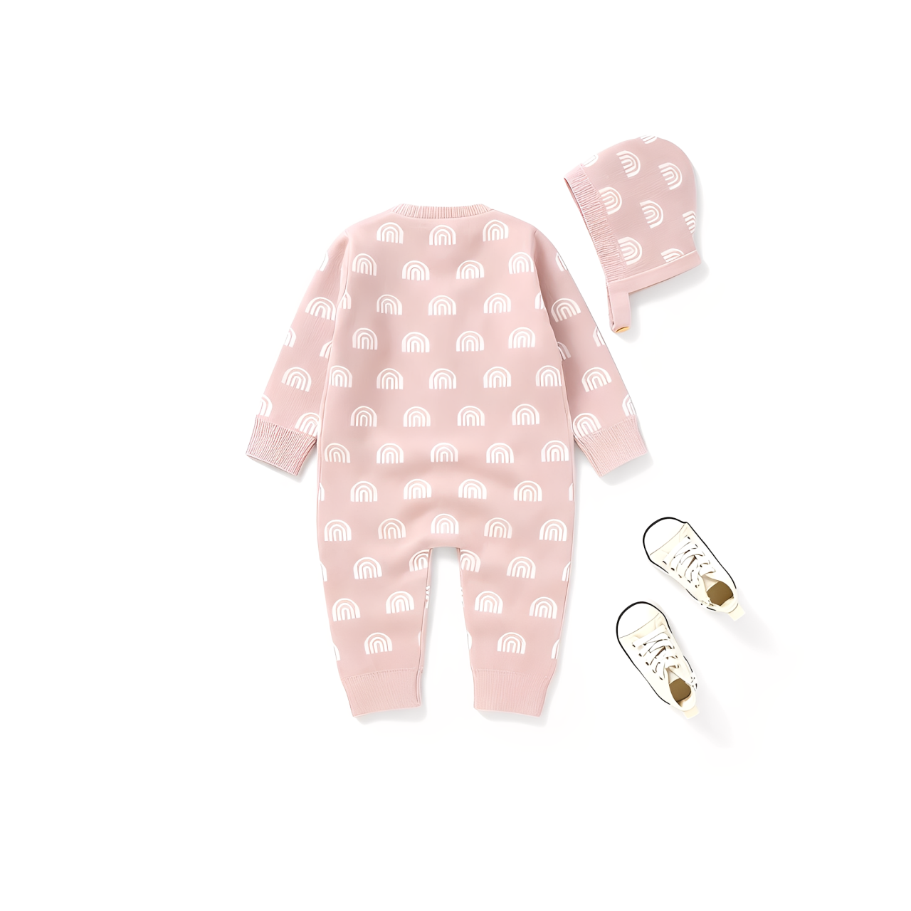 Back view of pink rainbow baby romper with hat and shoes, showing full print pattern and cozy texture.
