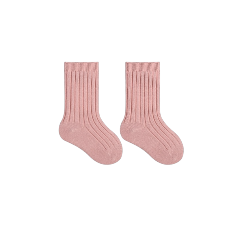 Dusty pink ribbed baby socks made with premium soft cotton yarns
