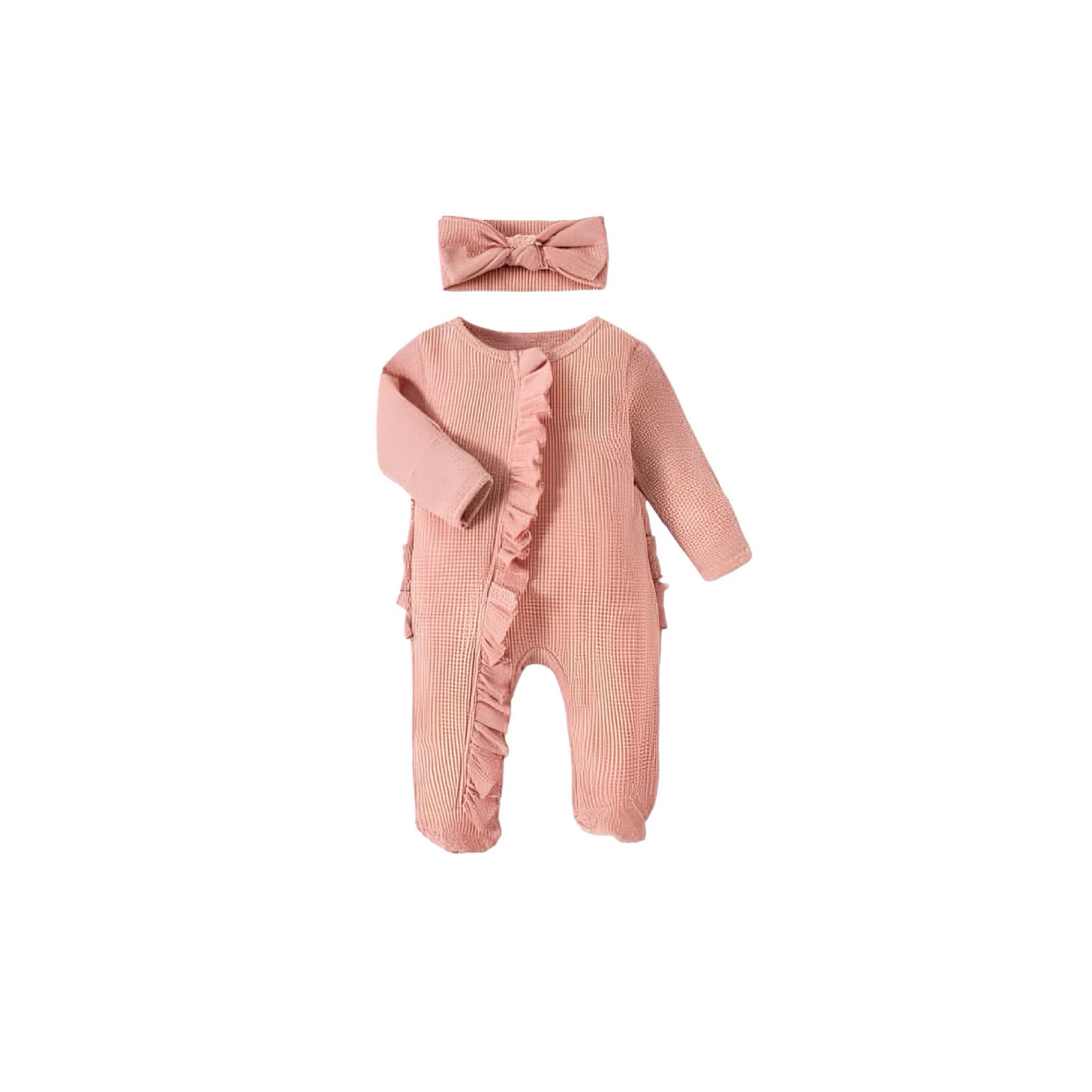 Pink ruffle baby romper with matching headband, long sleeves, soft cotton texture
