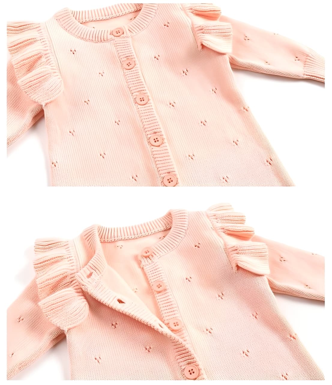 Close-up of ruffled shoulder design and button front on pink cotton knit baby romper.