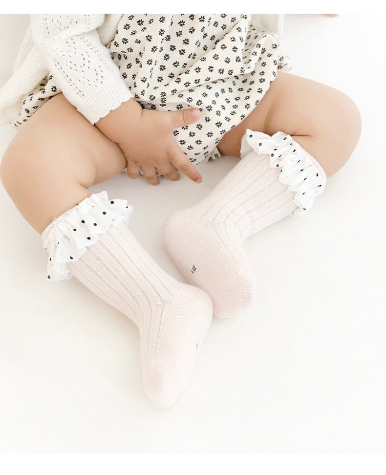 Baby girl wearing pink ruffle socks – cute frilled baby socks by BabyWonders UK