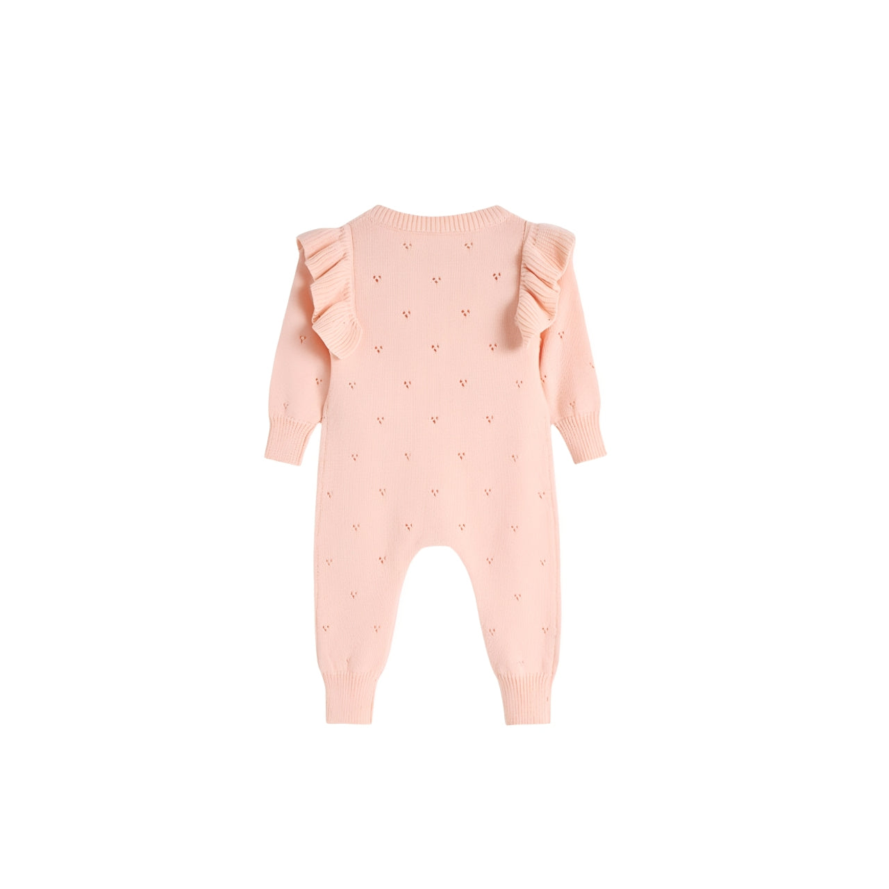 Back view of pink cotton knit baby jumpsuit showing delicate pattern and ruffle detail.