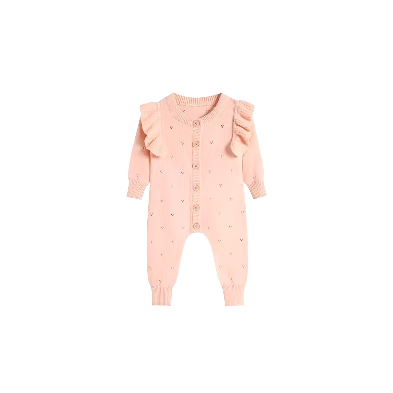 Front view of pink ruffle cotton knit baby jumpsuit with button closure and long sleeves.