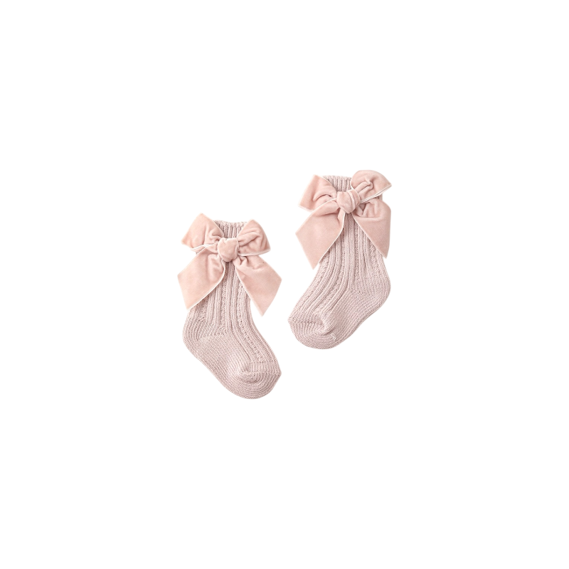 Light pink baby socks with velvet bow — cute and comfortable socks for little girls.