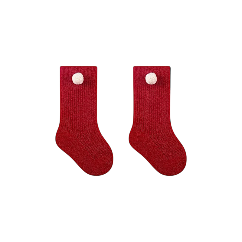 Red pom pom knit baby socks, cosy cotton blend design, warm winter socks for infants and toddlers