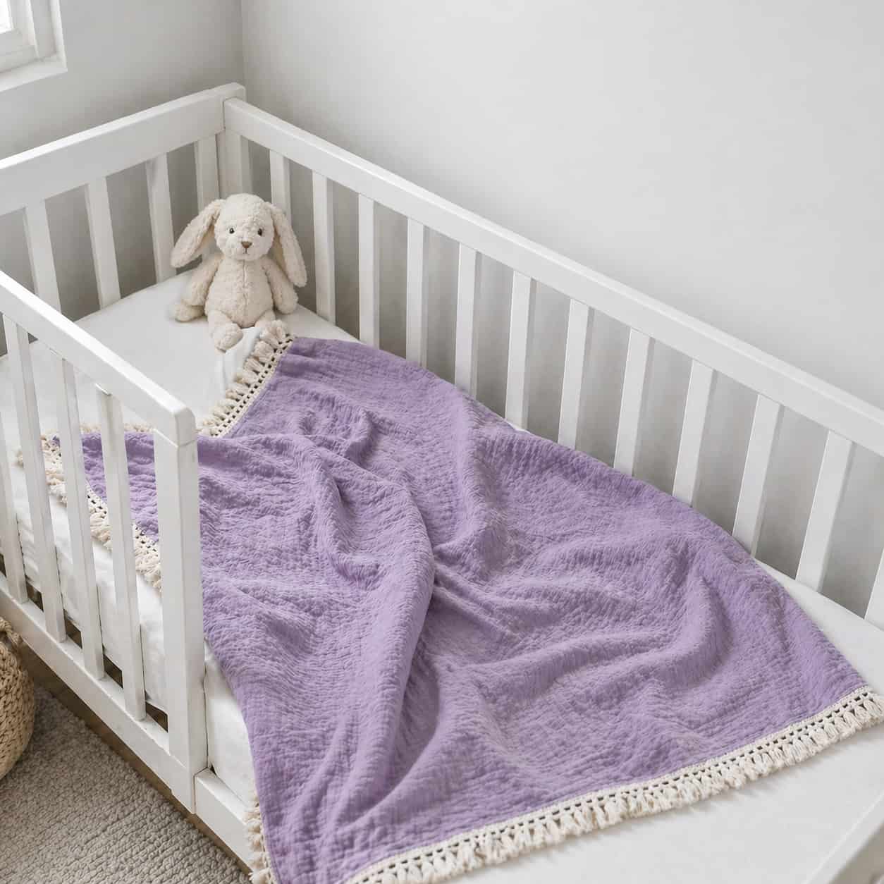Purple cotton baby blanket with tassel trim, soft breathable newborn blanket for cot, stroller and nursery use.