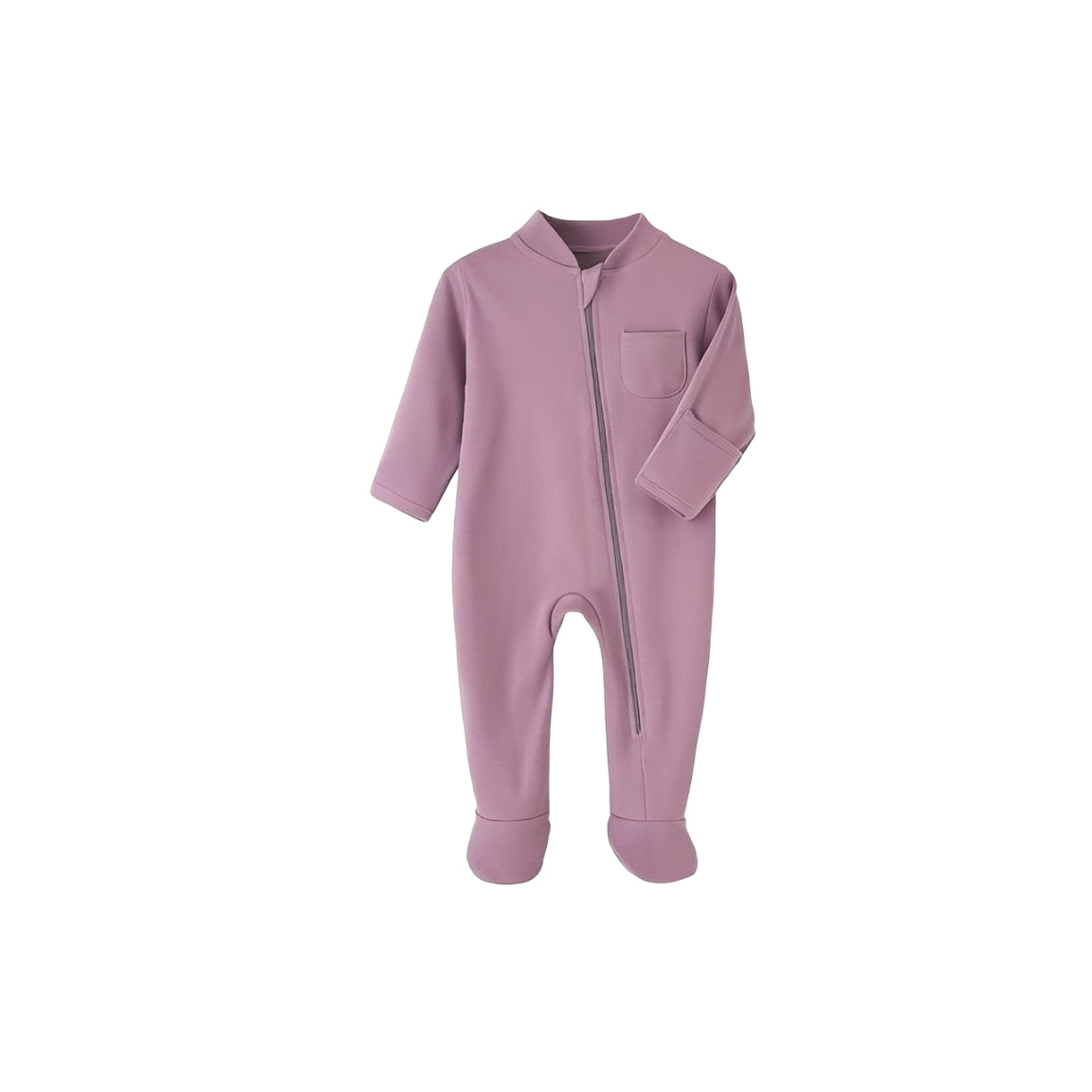 Purple long sleeve baby romper made of soft cotton knit fabric.