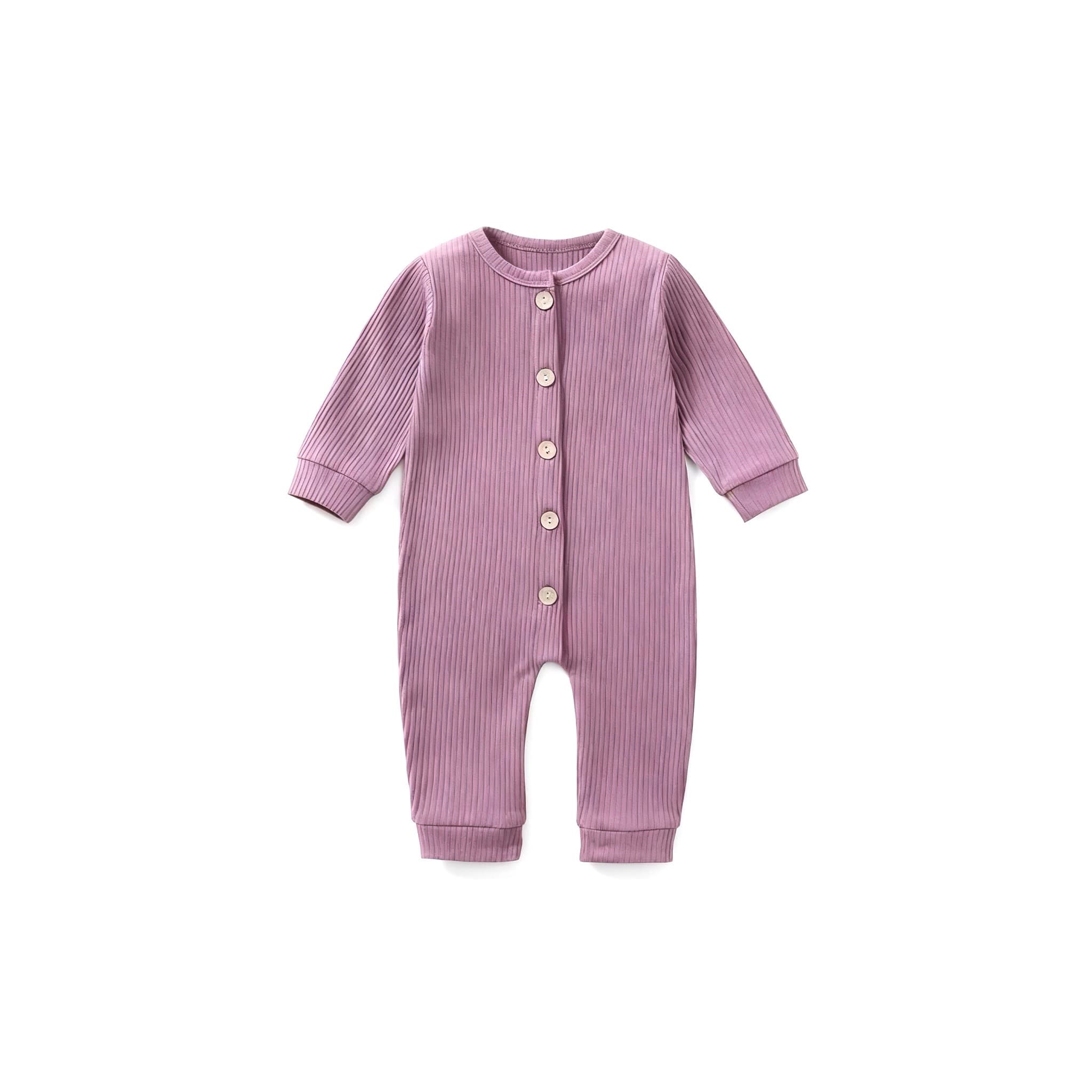 Front view of purple ribbed cotton baby jumpsuit with wooden buttons – unisex long sleeve romper.