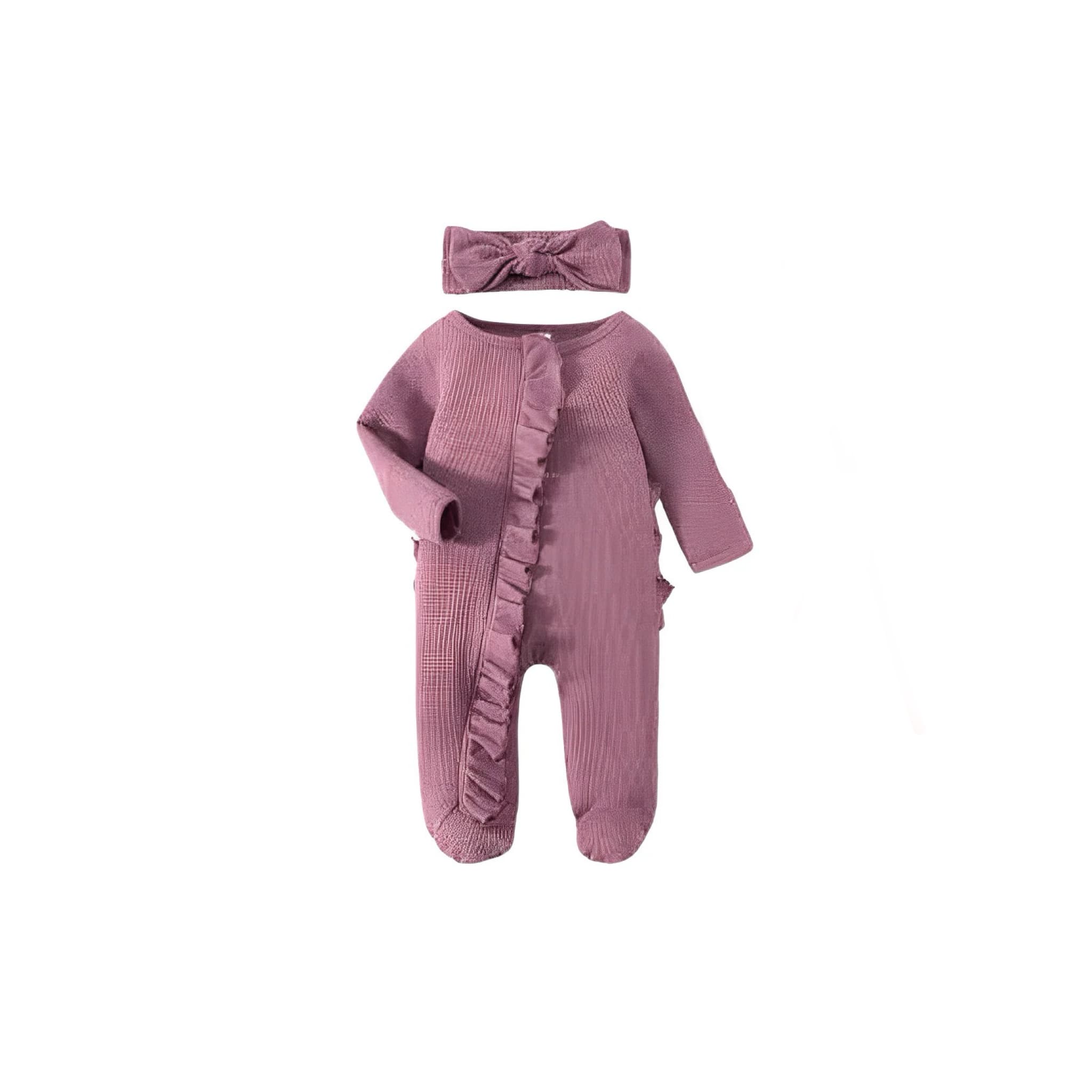Mauve purple ruffle baby romper with headband, soft long-sleeve one-piece outfit
