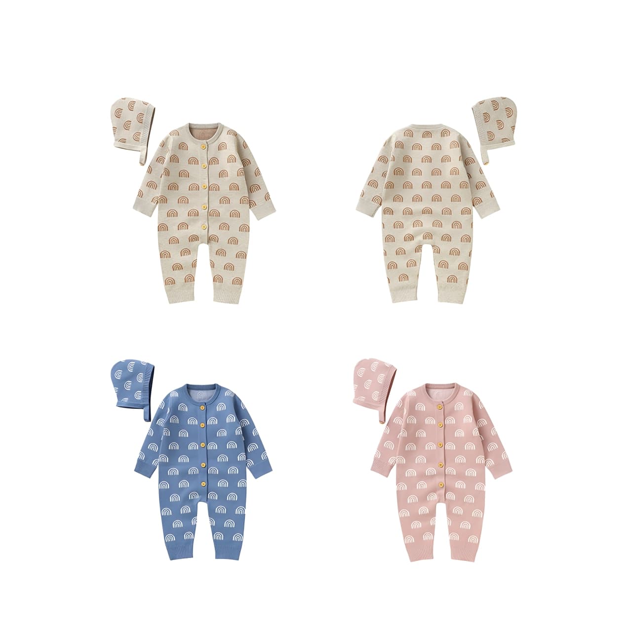 Four color options of rainbow knit baby romper with hat — beige, pink, blue, and khaki — soft long-sleeve design.
