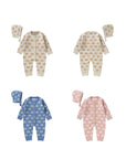 Four color options of rainbow knit baby romper with hat — beige, pink, blue, and khaki — soft long-sleeve design.
