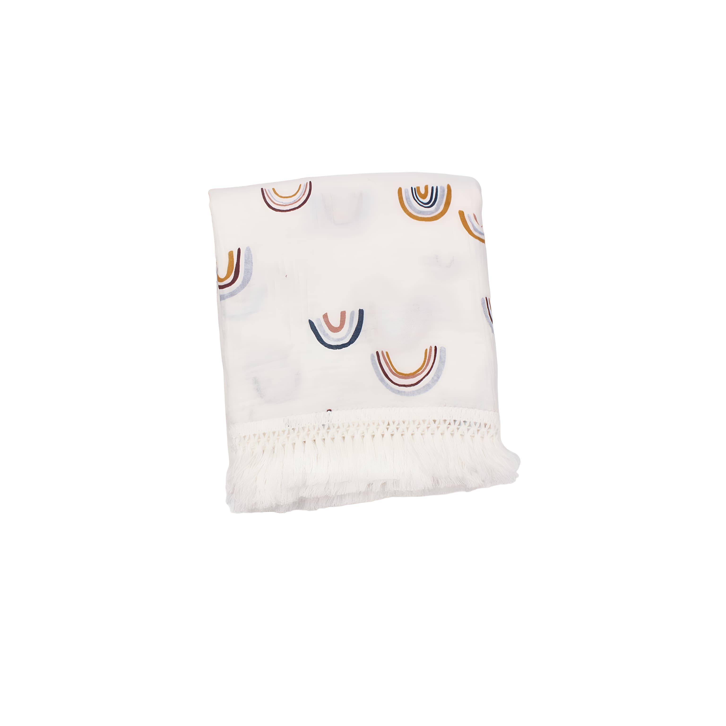 Rainbow print cotton baby blanket with tassel edging, soft breathable newborn blanket for cot, stroller and nursery use.