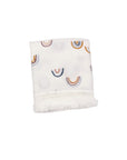 Rainbow print cotton baby blanket with tassel edging, soft breathable newborn blanket for cot, stroller and nursery use.
