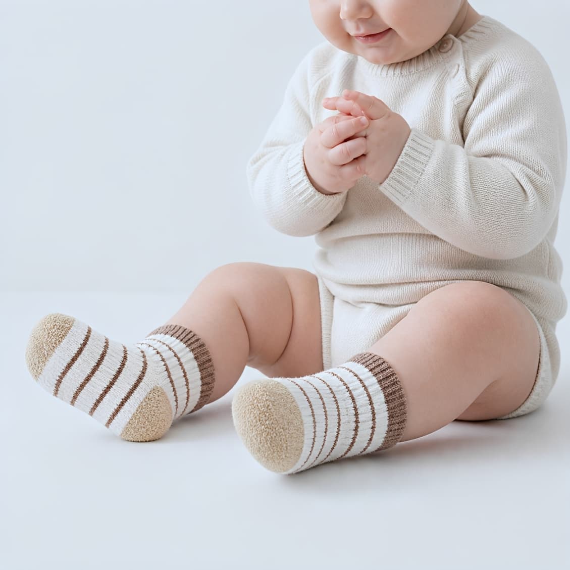 baby wearing retro striped winter cotton socks in neutral beige and brown tones for toddlers and newborns