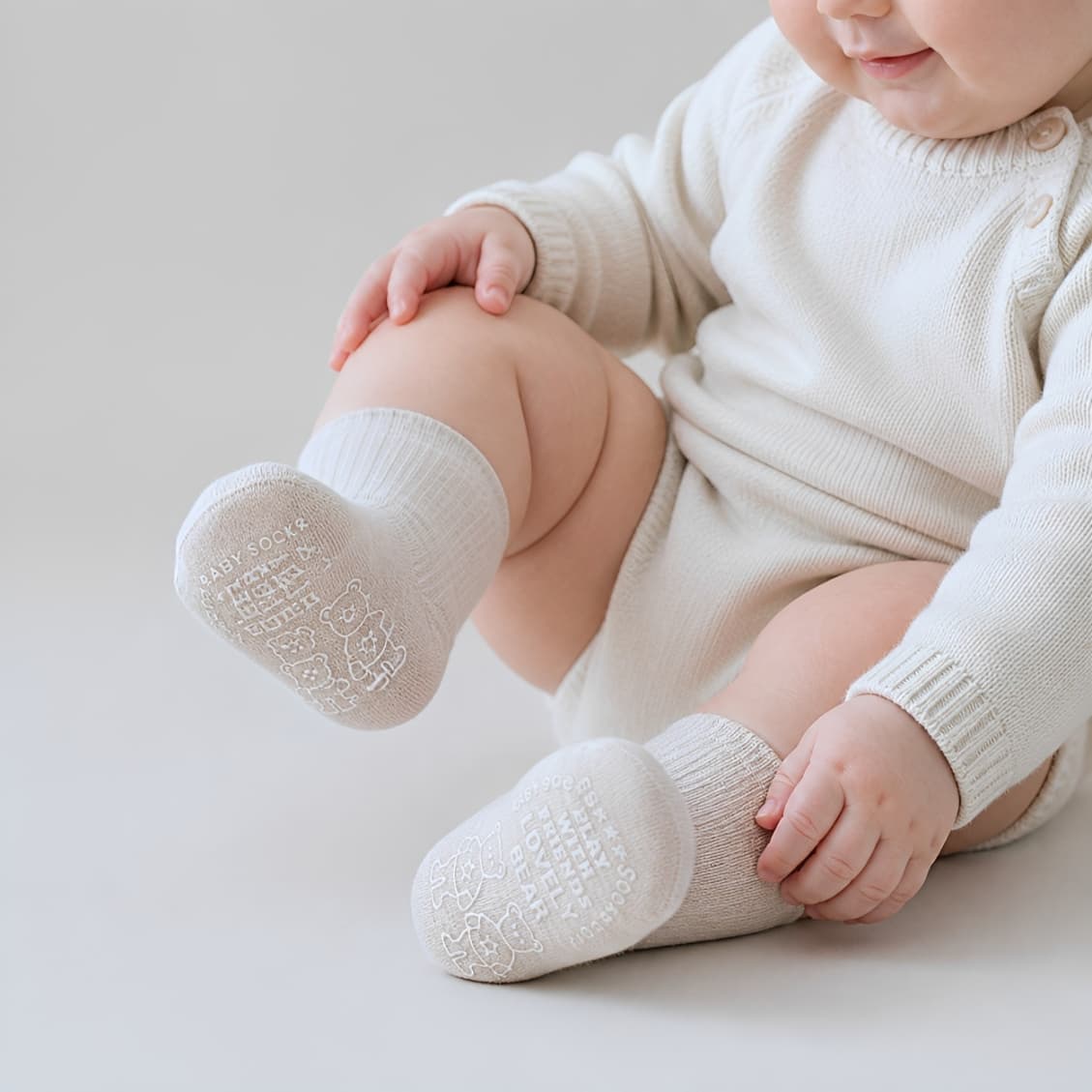 baby wearing beige ribbed cotton anti-slip socks with soft grip soles for newborns and toddlers