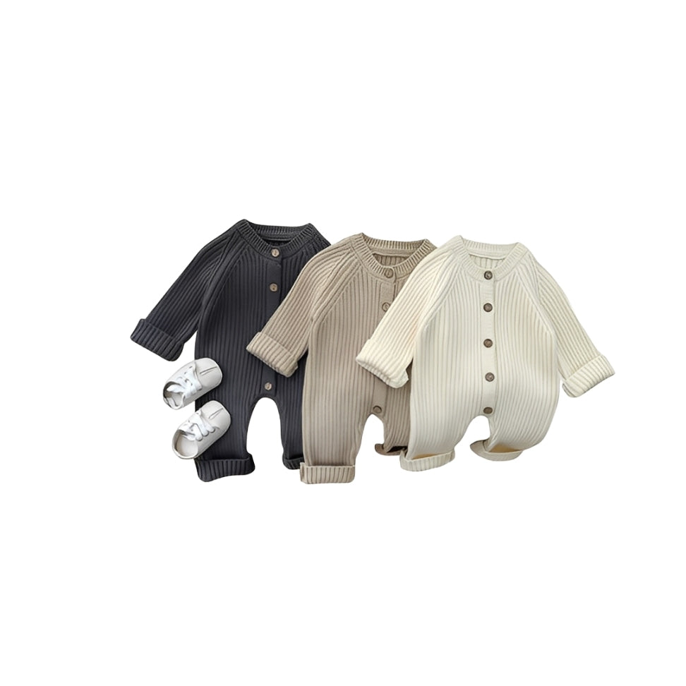 Three ribbed knit baby rompers in charcoal gray, khaki, and cream, long sleeve winter outfits