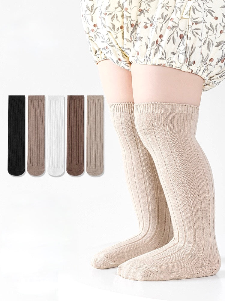 Beige ribbed knit knee-high baby socks – soft long cotton socks UK