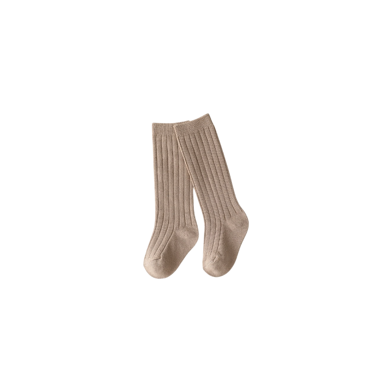 Beige ribbed long baby socks – breathable cotton knee-high socks for toddlers