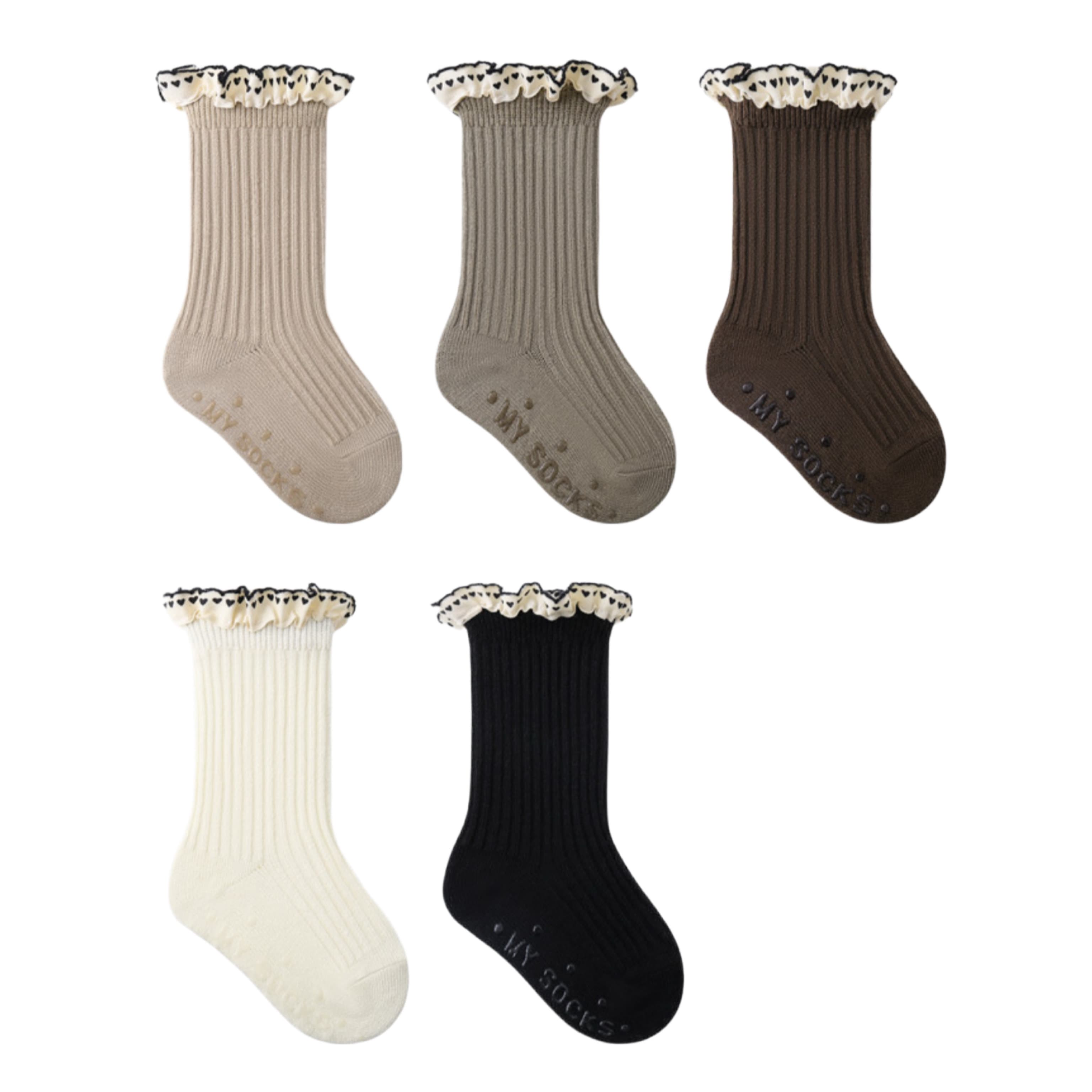 Set of five ribbed baby ruffle socks in neutral colors with lace trim