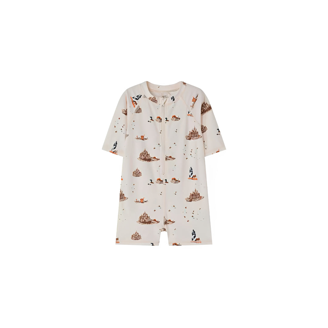 Sandcastle print baby zip swim romper, coastal toddler swimsuit perfect for beach days