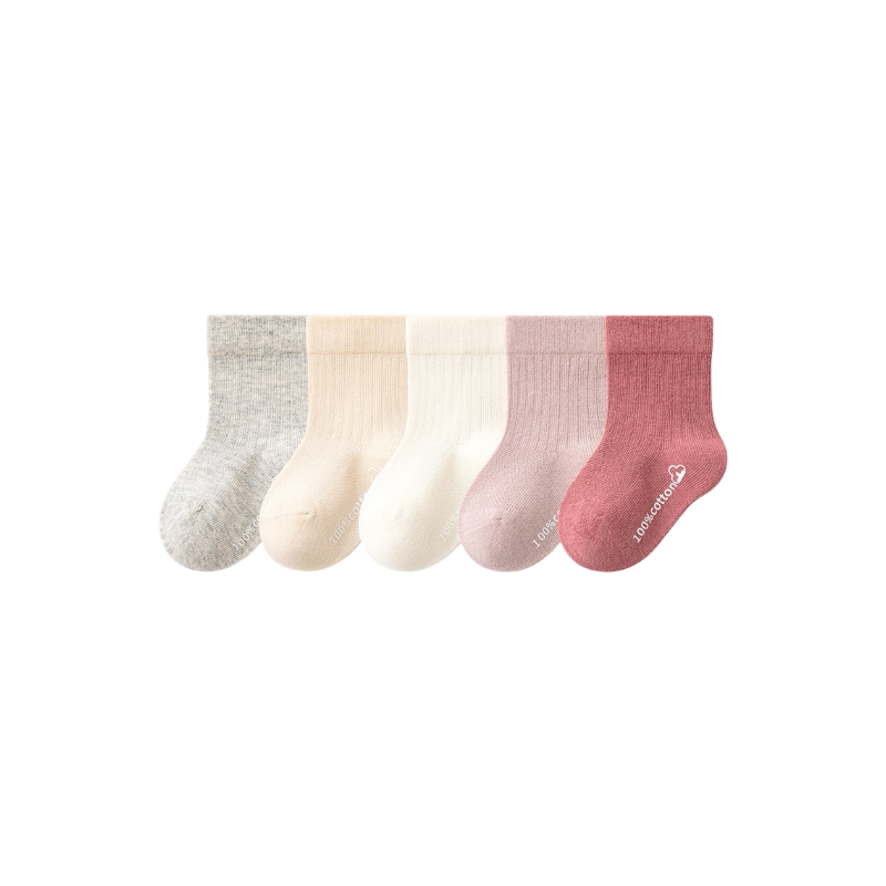 Set of five baby socks in gray, beige, white, and pink on a white background