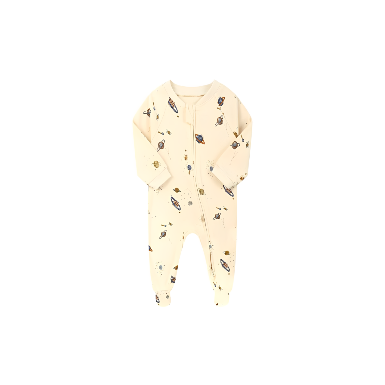 cream baby romper with planet and space print, long sleeve cotton zipper design
