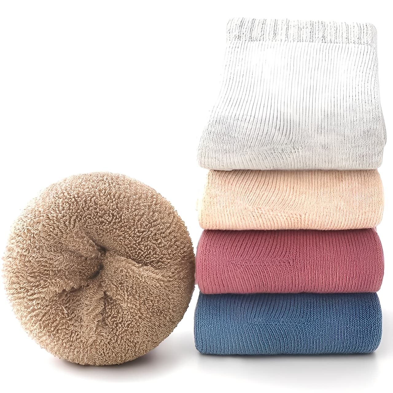 Stack of multi-color cotton baby socks showing thick and soft fabric texture
