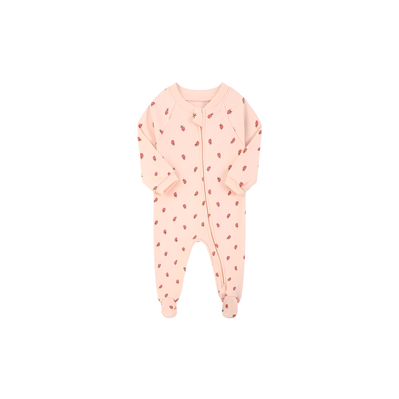 pink baby romper with small strawberry print made of organic cotton