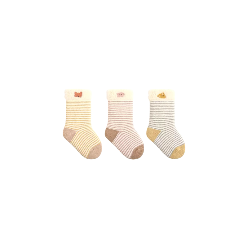 3-pair striped bear baby socks set in beige and cream by BabyWonders UK – cotton socks for newborns and toddlers