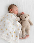 Sunflower print cotton baby blanket with tassel edging, lightweight breathable newborn blanket for cot, stroller and baby nursery.