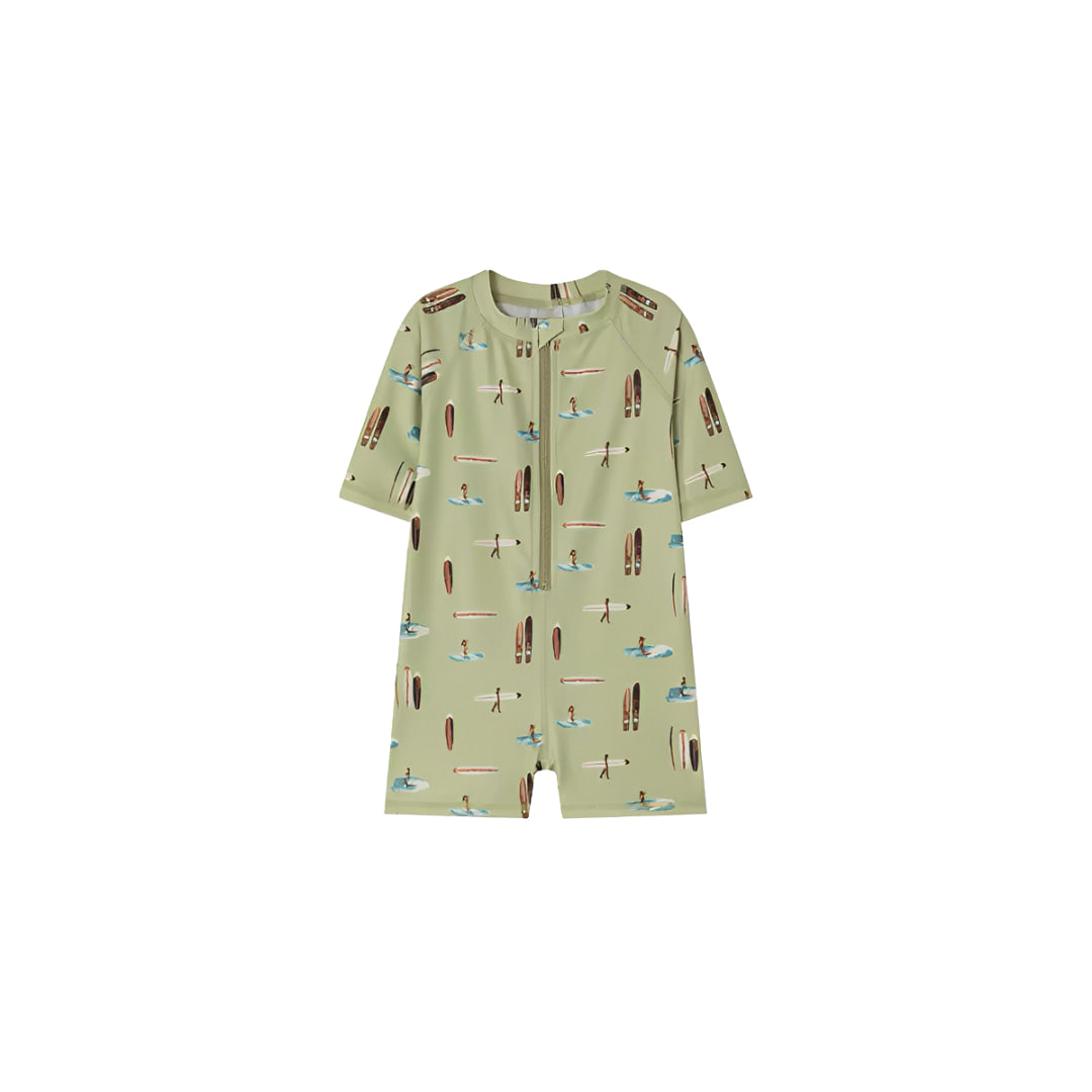 Green surf print baby swim romper, toddler beach swimsuit with zip front and quick dry fabric