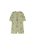Green surf print baby swim romper, toddler beach swimsuit with zip front and quick dry fabric