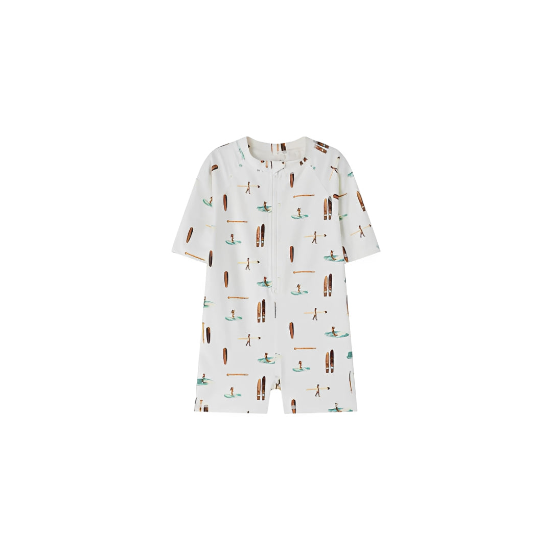 Baby wearing surf print zip swim romper in white, breathable quick dry baby swimwear for beach and summer holidays