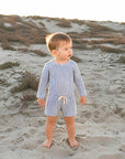 Toddler striped rash guard swim set in blue, two piece baby swimwear with long sleeve top and shorts for summer beach days