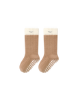 Brown ribbed cotton baby socks with cream cuff and anti-slip sole