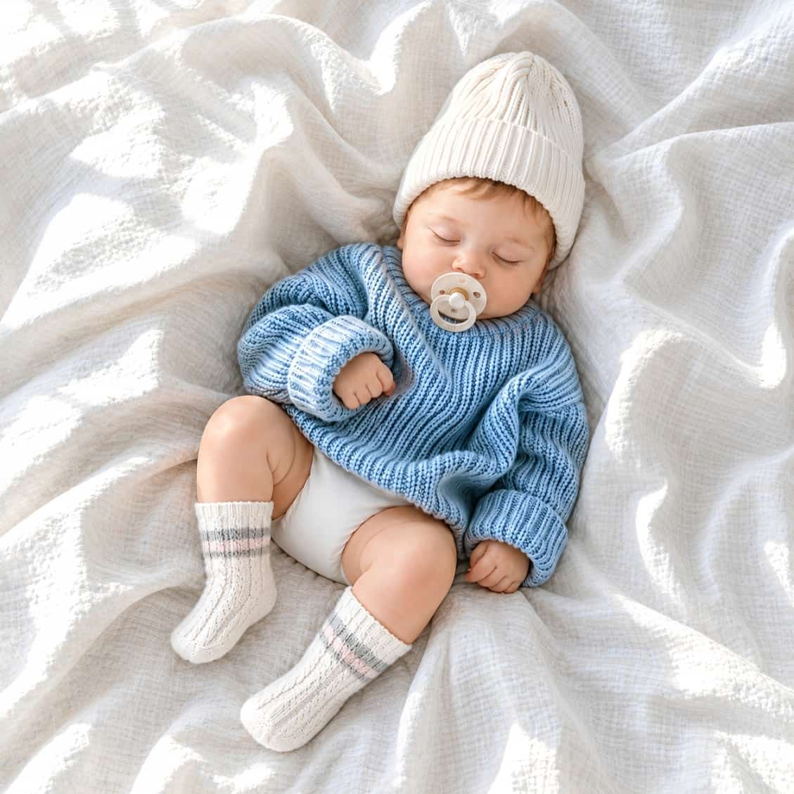 Baby wearing striped cable knit baby socks in soft cotton with cosy neutral winter baby outfit and minimalist nursery style