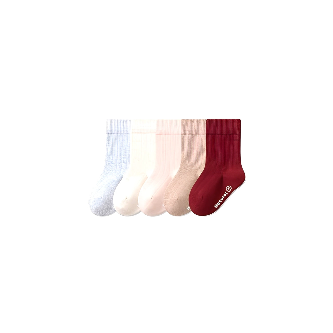 Five pairs of warm neutral cotton socks for kids in beige, pink, and red tones — soft, breathable, and comfortable mid-calf socks.