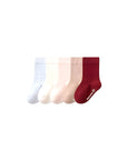 Five pairs of warm neutral cotton socks for kids in beige, pink, and red tones — soft, breathable, and comfortable mid-calf socks.