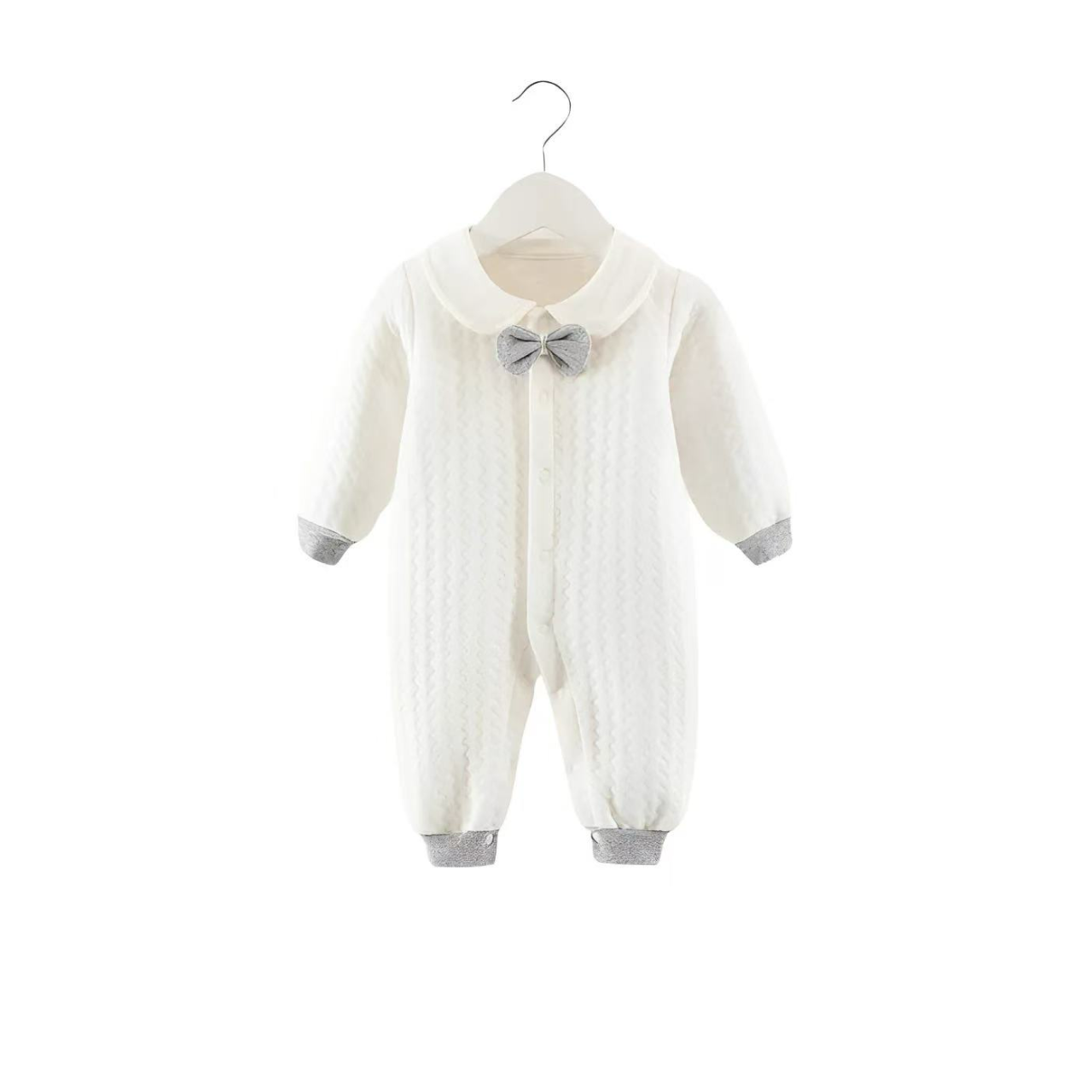 White baby romper with gray bow tie and cuffs, elegant long-sleeve cotton outfit
