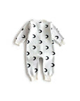 Back view of white cotton baby romper featuring black crescent moon design – breathable knit fabric.