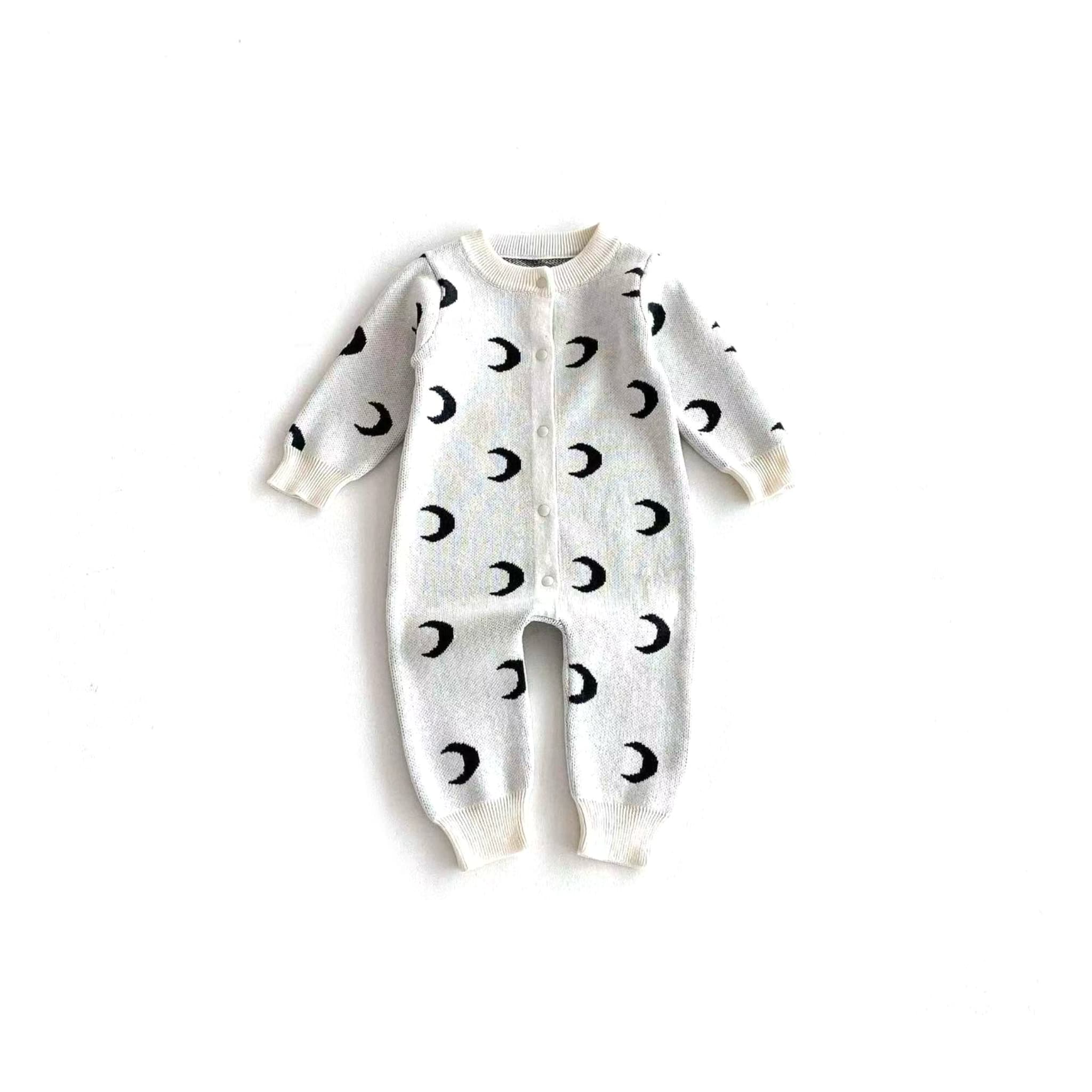 Front view of white cotton baby romper with moon pattern – unisex spring autumn jumpsuit.