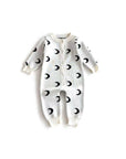 Front view of white cotton baby romper with moon pattern – unisex spring autumn jumpsuit.