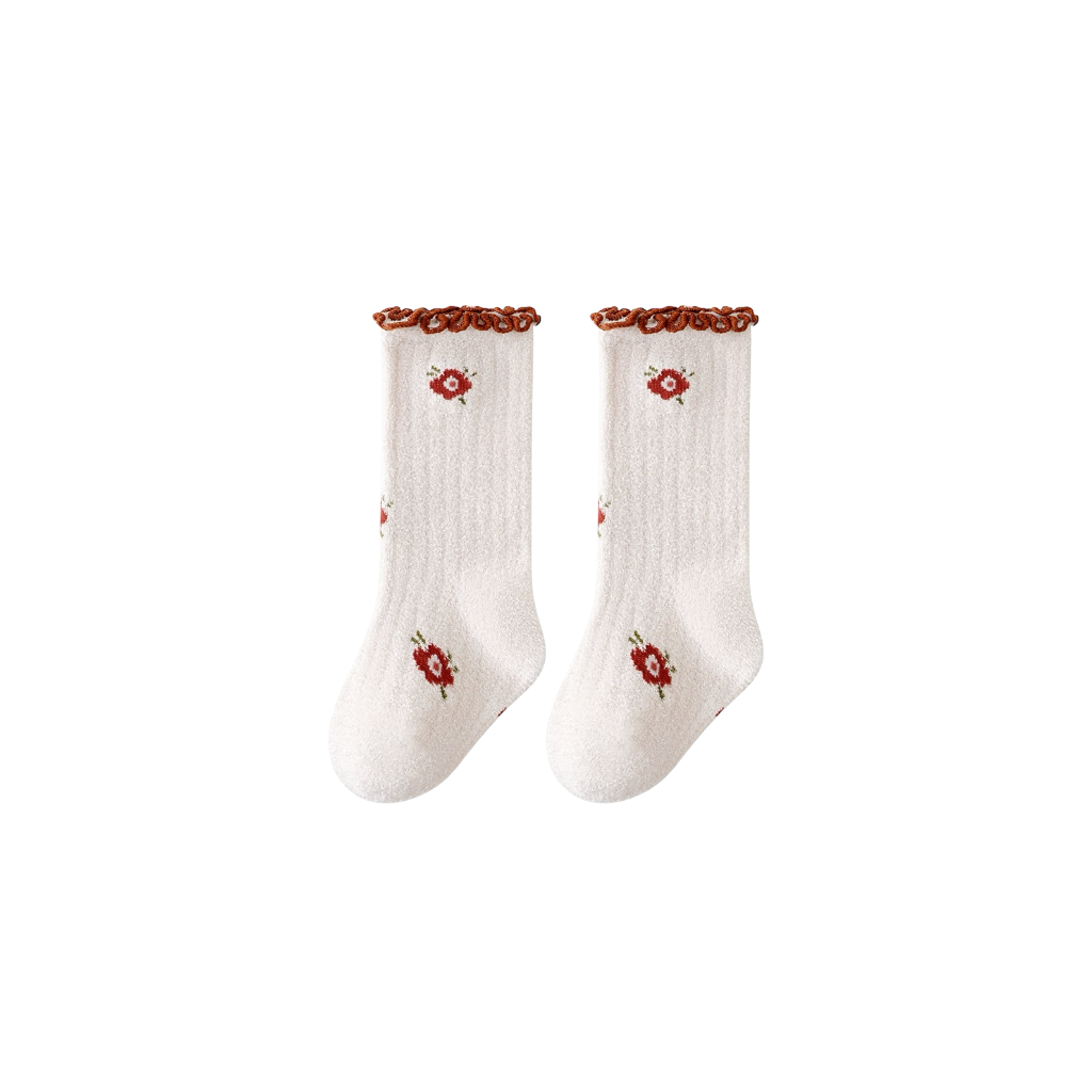 White daisy frill baby socks with embroidered floral design and ribbed texture